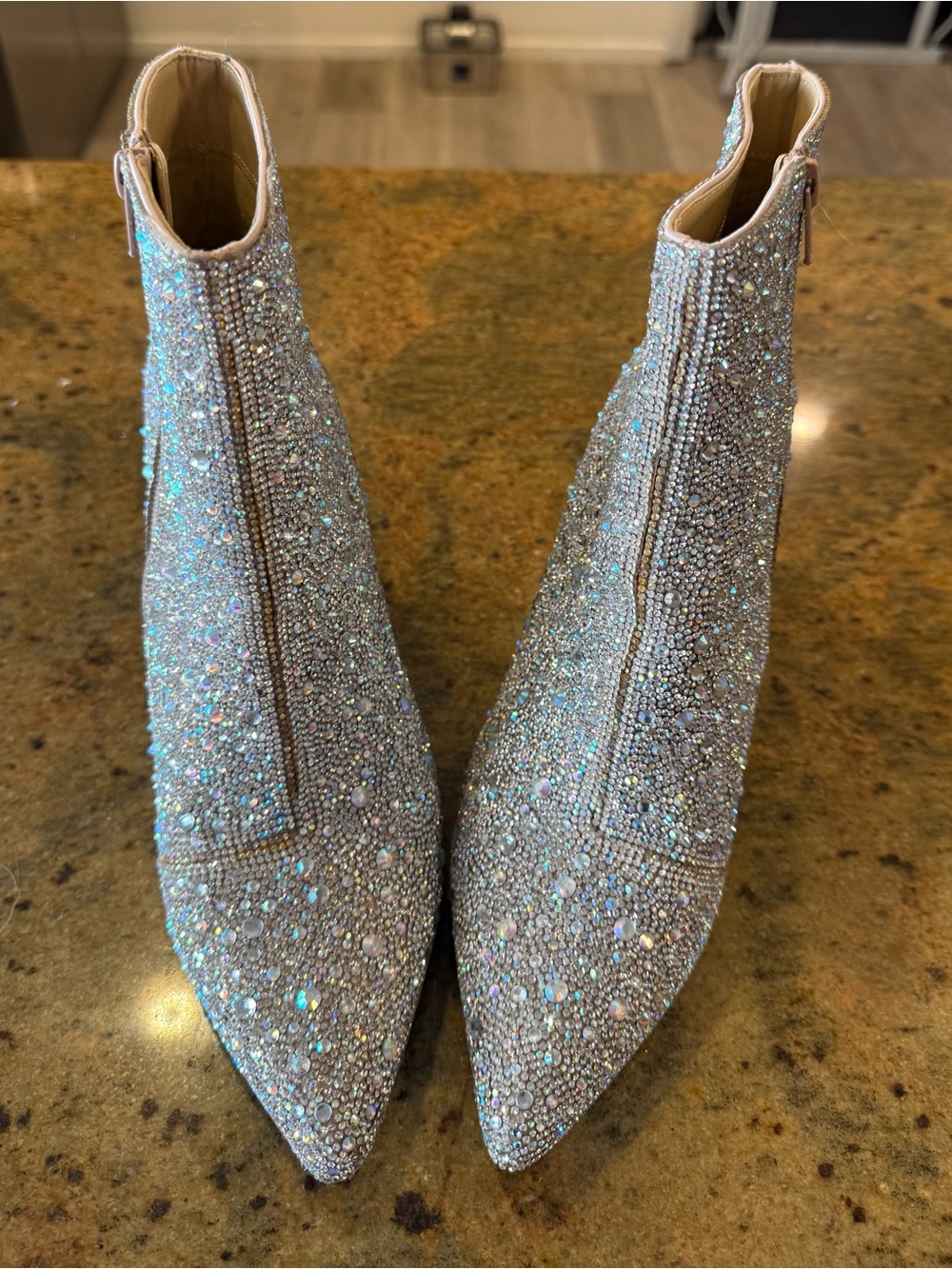 Betsey Johnson Iridescent Crystal Pointed Ankle Boots - Silver